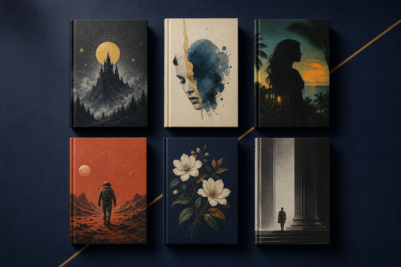 Six bestselling book covers arranged on a designer's desk