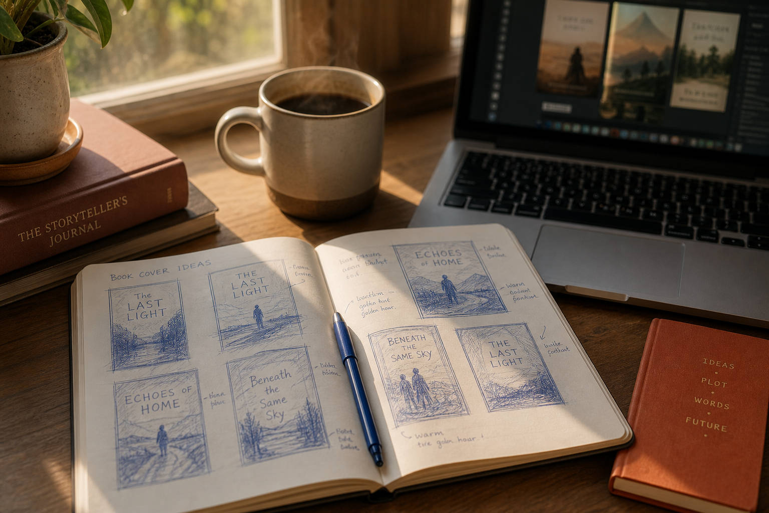 A first-time author sketching book cover ideas by morning light