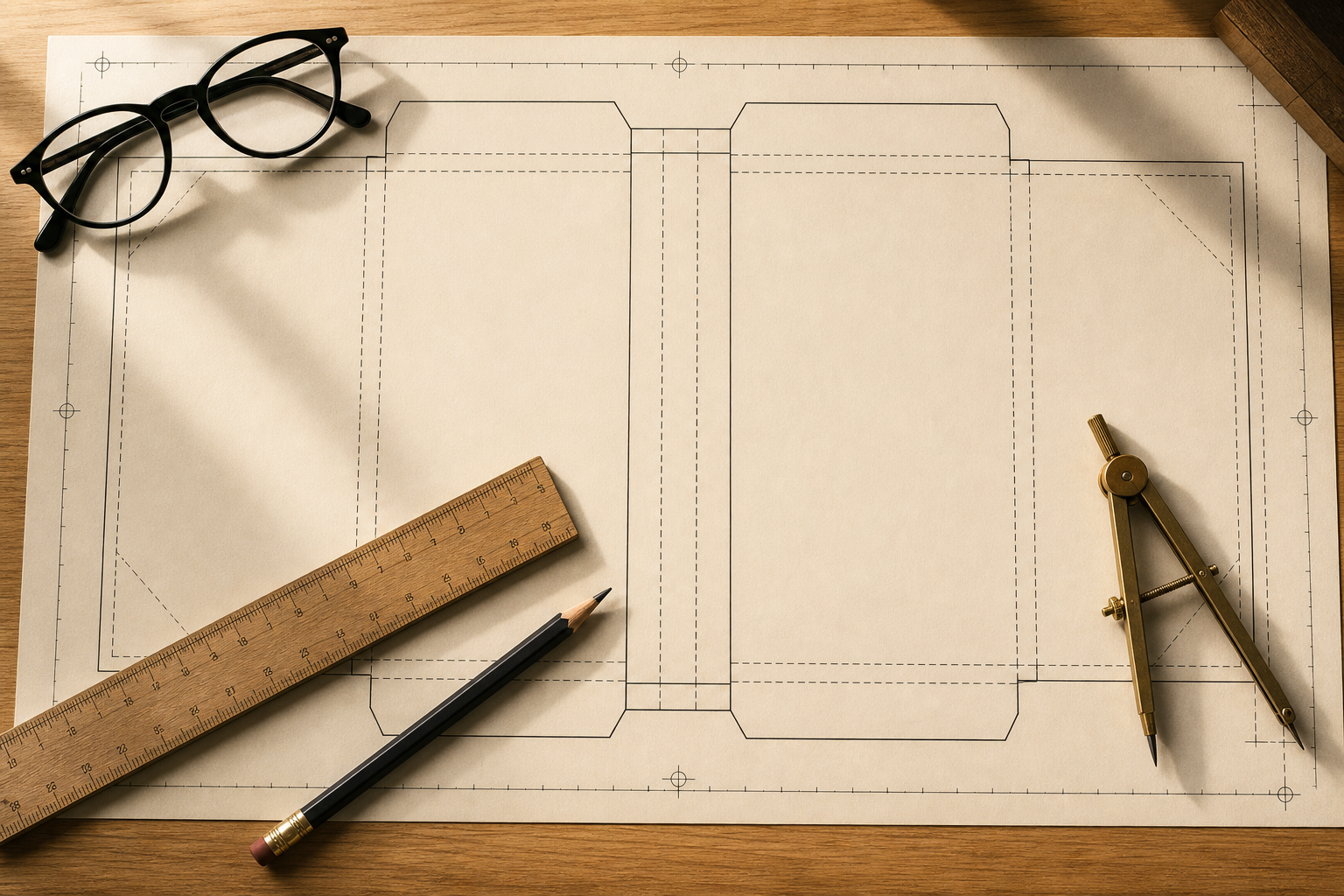 Printed KDP cover templates with rulers and pencil measurements on a designer's desk